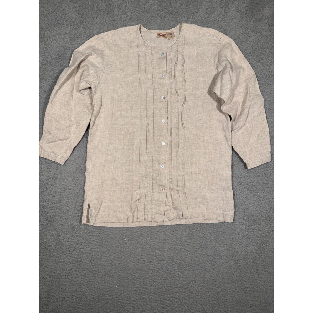 Woolrich Womens Small Linen Blend Button Front Shirt Natural 3/4 Sleeve